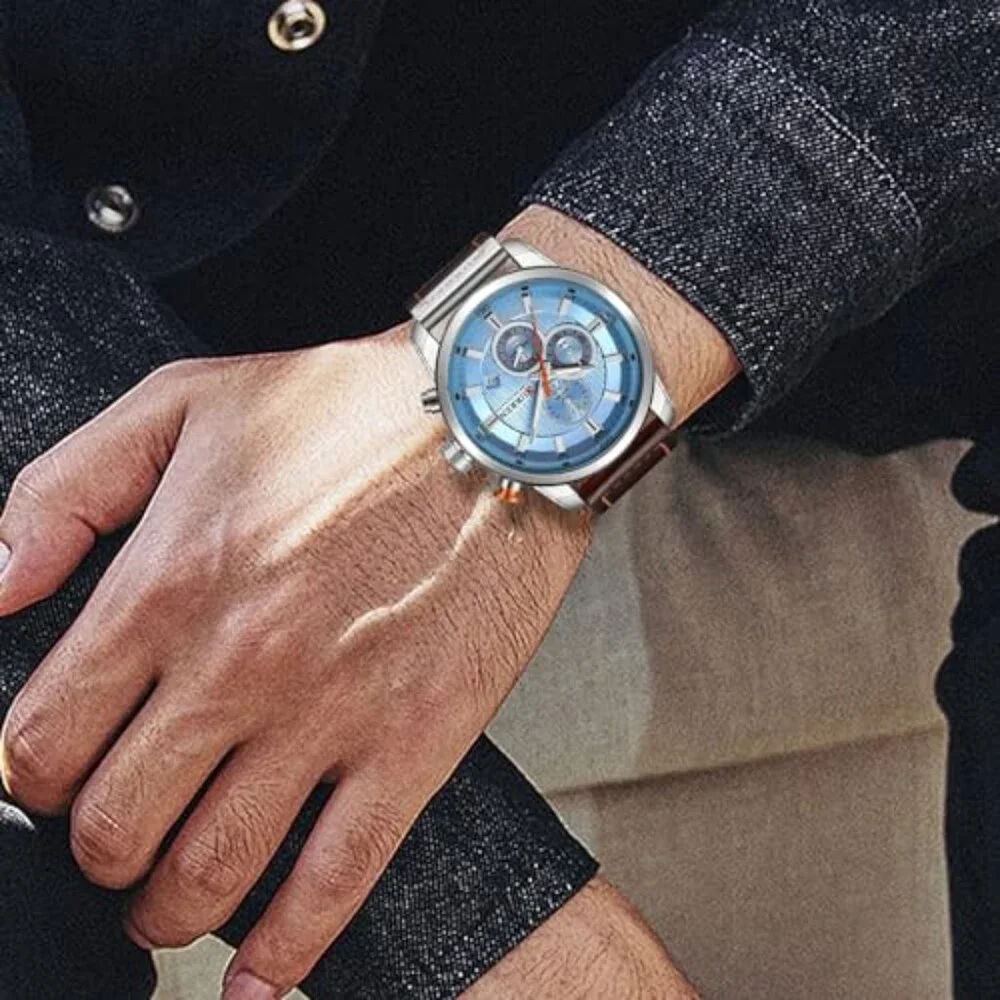 Men's Chronograph Watch Leather Strap Quartz Movement Water Resistant